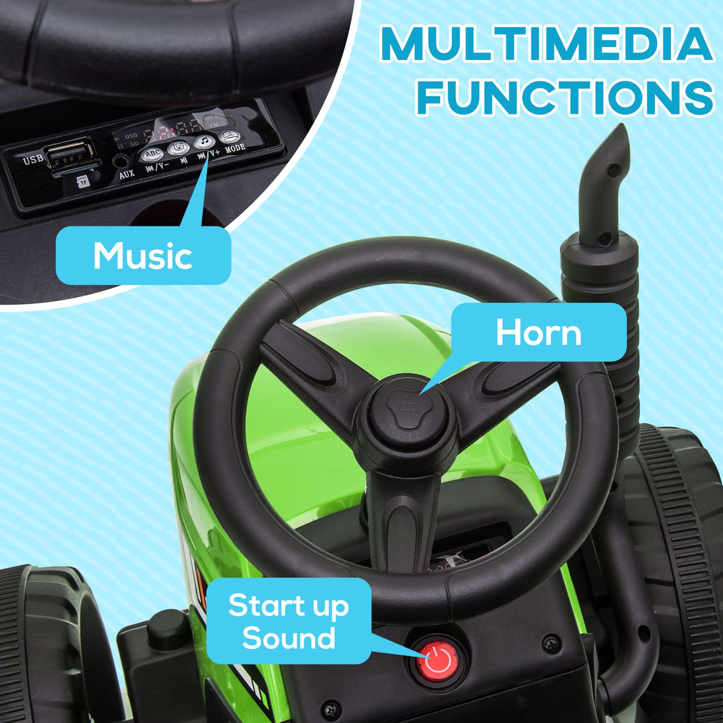 Aosom 12V Kids Ride on Tractor with Trailer, Remote Control, Music Start up Sound and Horn, USB, LED Lights, Red