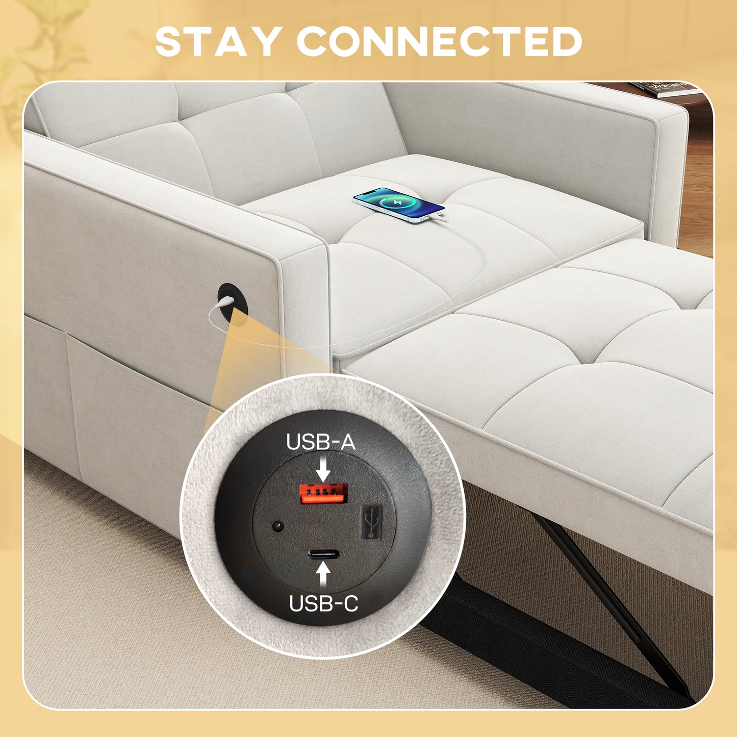 HOMCOM Convertible Chair Bed, Pull Out Sleeper Chair with USB, Adjustable Backrest, Small Velvet Futon Sofa Bed, Grey