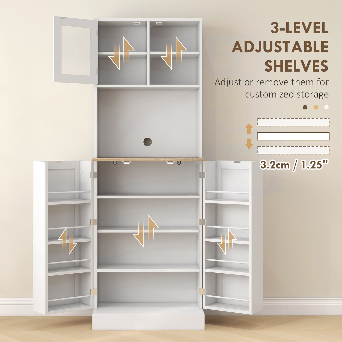 HOMCOM 66.5" Tall Kitchen Pantry Cabinet, Kitchen Hutch, Microwave Cabinet with Adjustable Shelves for Dining Room, White