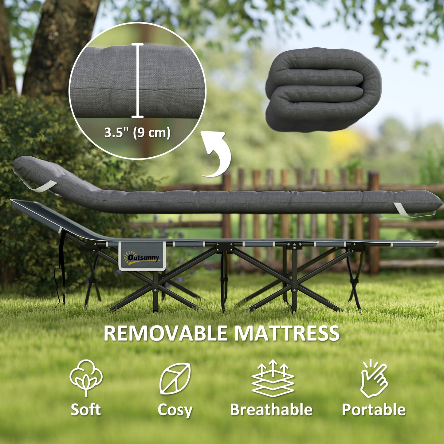 Outsunny 25.6" Wide Folding Bed, Camping Cot for Adults with Mattress, Carry Bag, Storage Pocket, Max Load 330 LBS, Light Grey