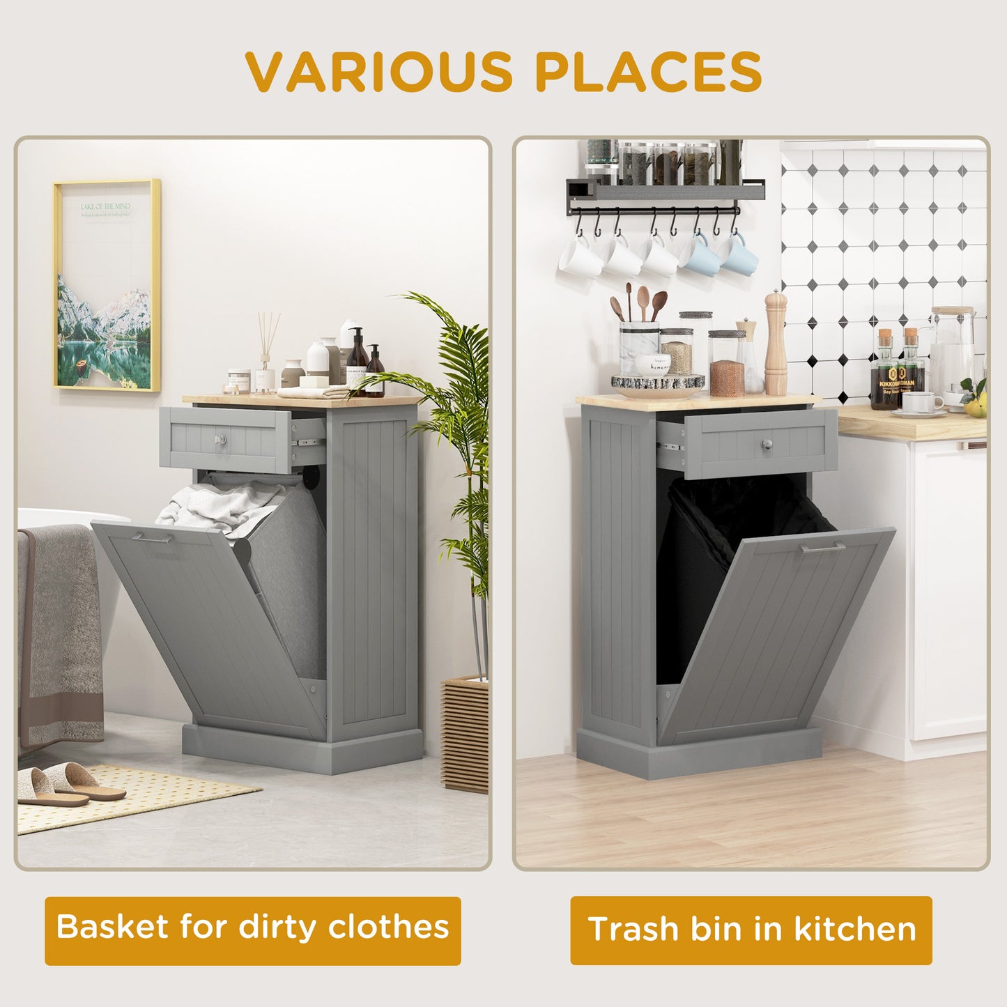 HOMCOM Kitchen Tilt Out Trash Bin Cabinet, Free Standing Recycling Cabinet, Trash Can Holder with Drawer, White