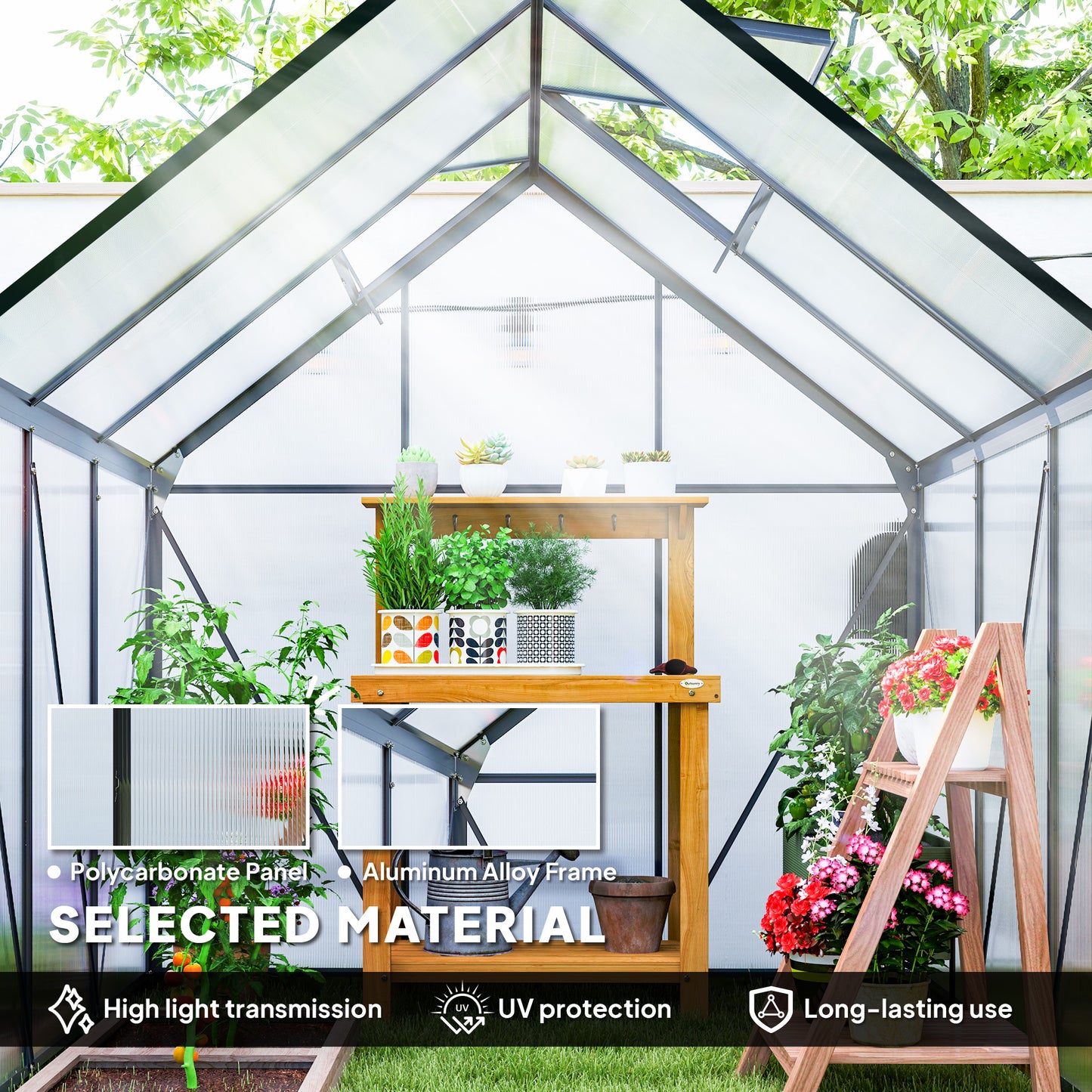 Outsunny 6' x 12' x 6.5' Walk-in Greenhouse, Polycarbonate Greenhouse with Adjustable Roof Vent, Base, Sliding Door, Clear
