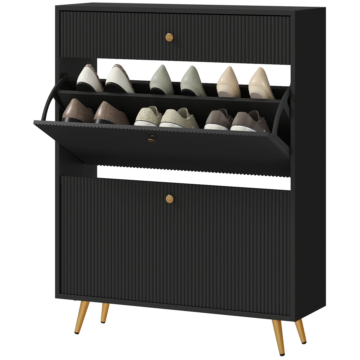 HOMCOM Narrow Shoe Storage Cabinet with Wave-like Panels and Adjustable Shelves for 12 Pairs of Shoes, Black