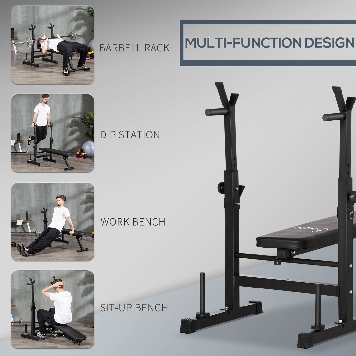 Soozier Adjustable Weight Bench, Foldable Bench Press with Barbell Rack and Dip Station for Home Gym, Strength Training Multiuse Workout Bench, Black and Grey