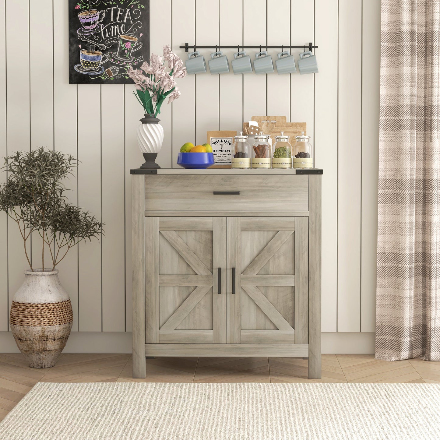 HOMCOM Farmhouse Buffet Cabinet Sideboard with 1 Drawer, 1 Storage Cabinet and Adjustable Shelf, White