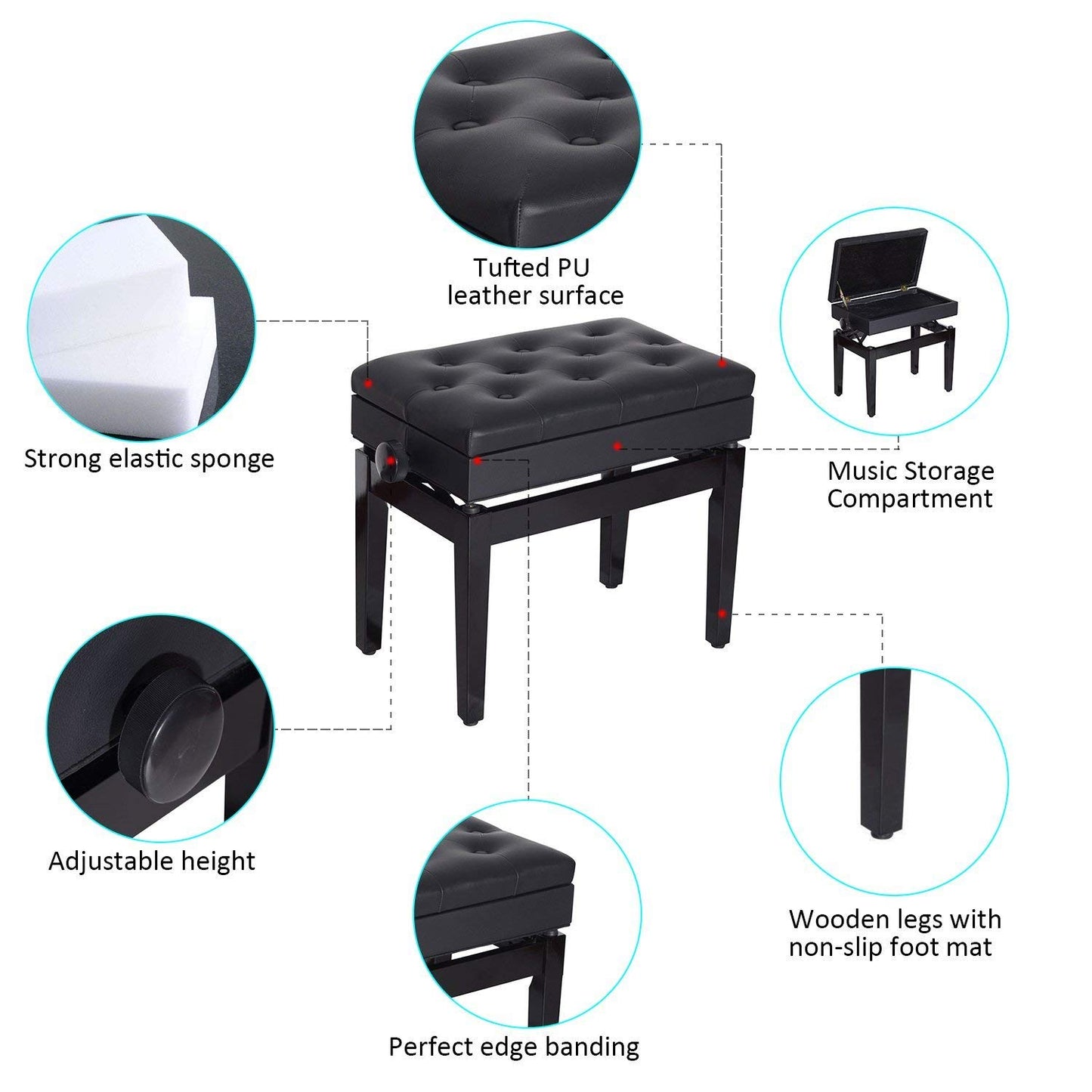 HOMCOM Adjustable Piano Bench with Storage and Soft PU Leather Padded, with Enough Music Storage Design, Black