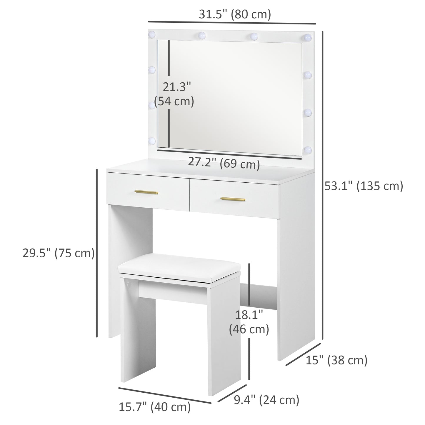 HOMCOM Makeup Vanity Desk Set with Stool, Dressing Table with LED Lighting Mirror, Drawers, for Bedroom, White