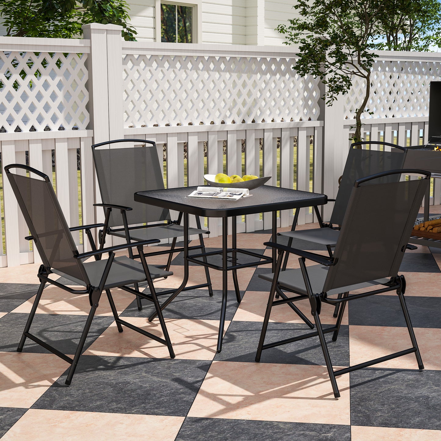 Outsunny 5 Pieces Outdoor Patio Dining Set with Glass Top Table and 4 Mesh Folding Chairs, Small Outdoor Patio Furniture, Grey