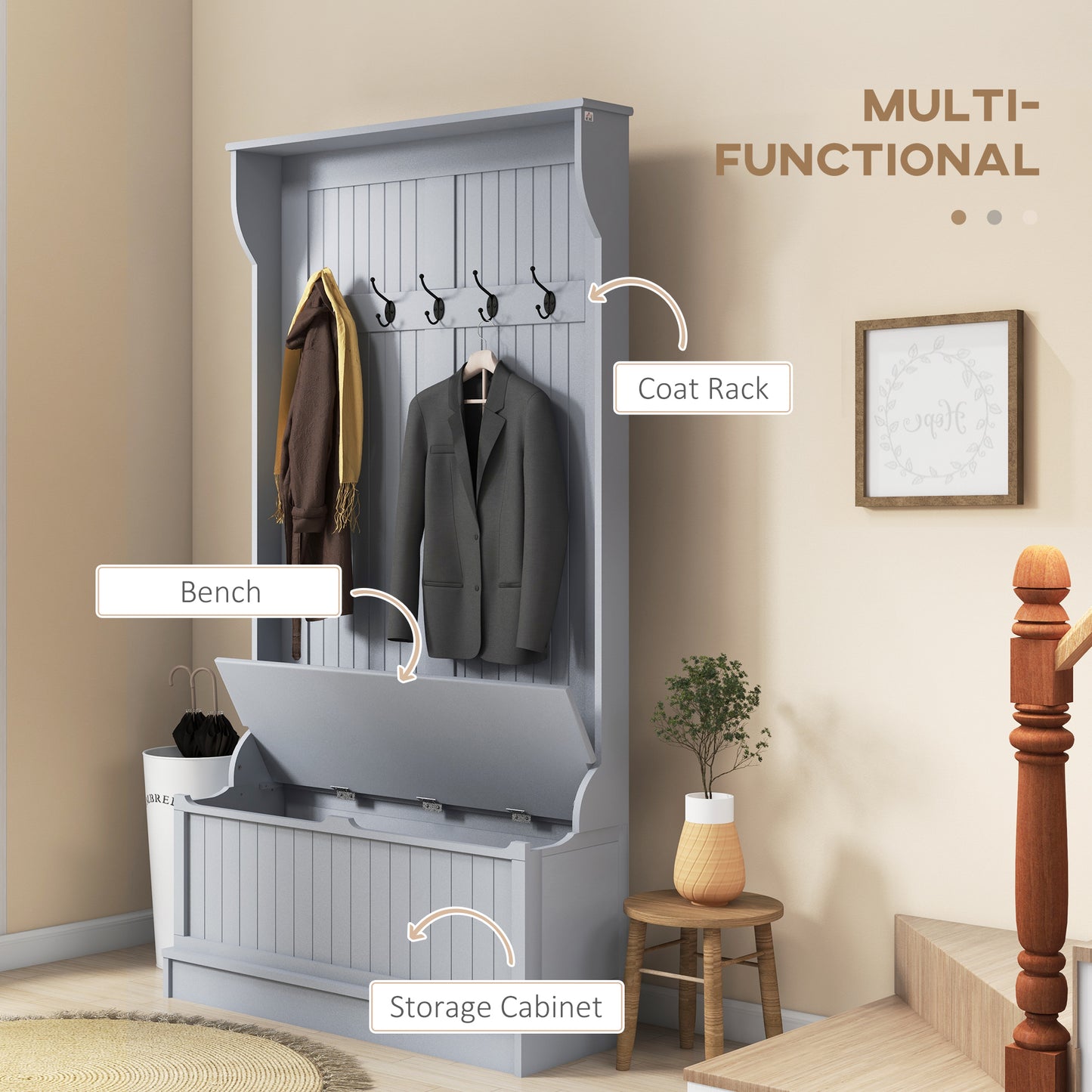 HOMCOM 3-In-1 Hall Tree w/ Coat Rack, Shoe Storage and Bench Seat, Entryway Bench w/ 4 Hooks for Hallway, Living Room, White