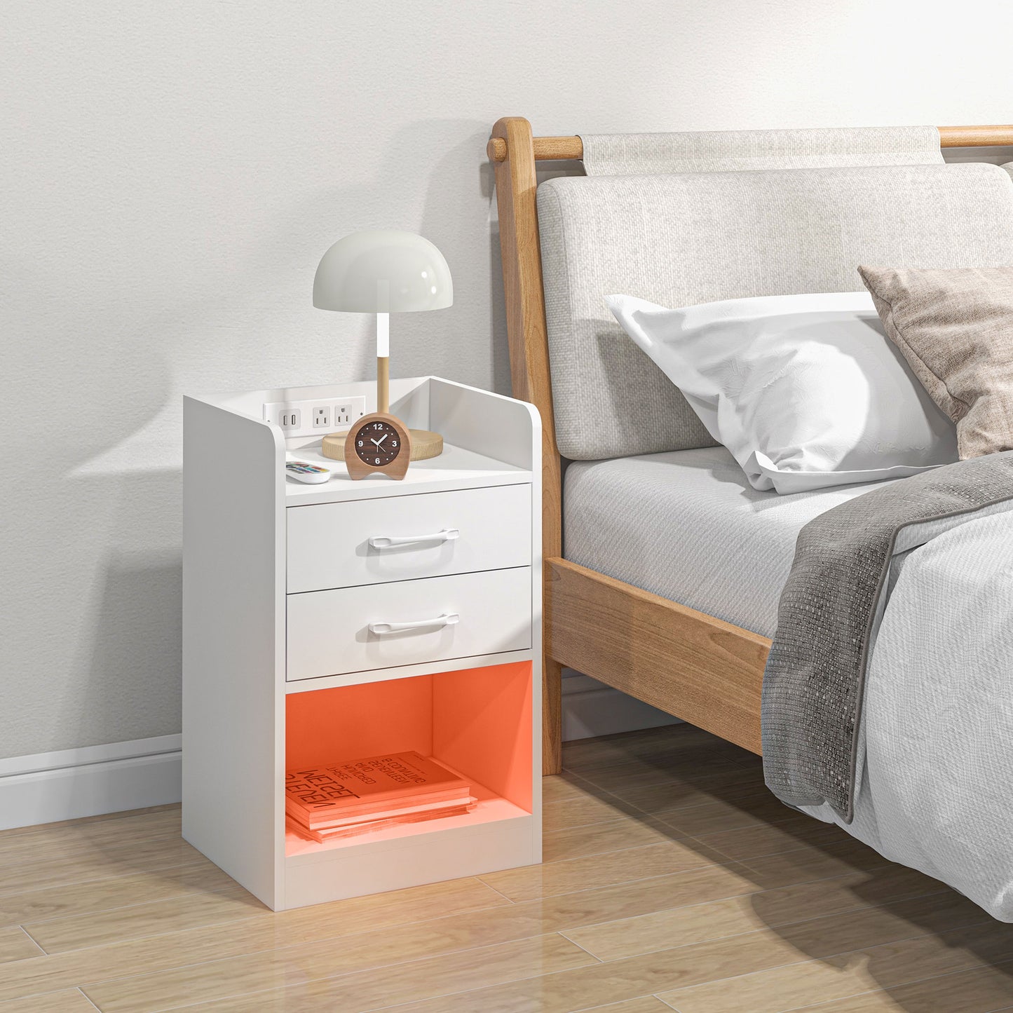 HOMCOM Tall Nightstand with Charging Station and LED Lights, Small Bedside Table with AC Outlets, USB Ports, 2 Drawers, Shelf