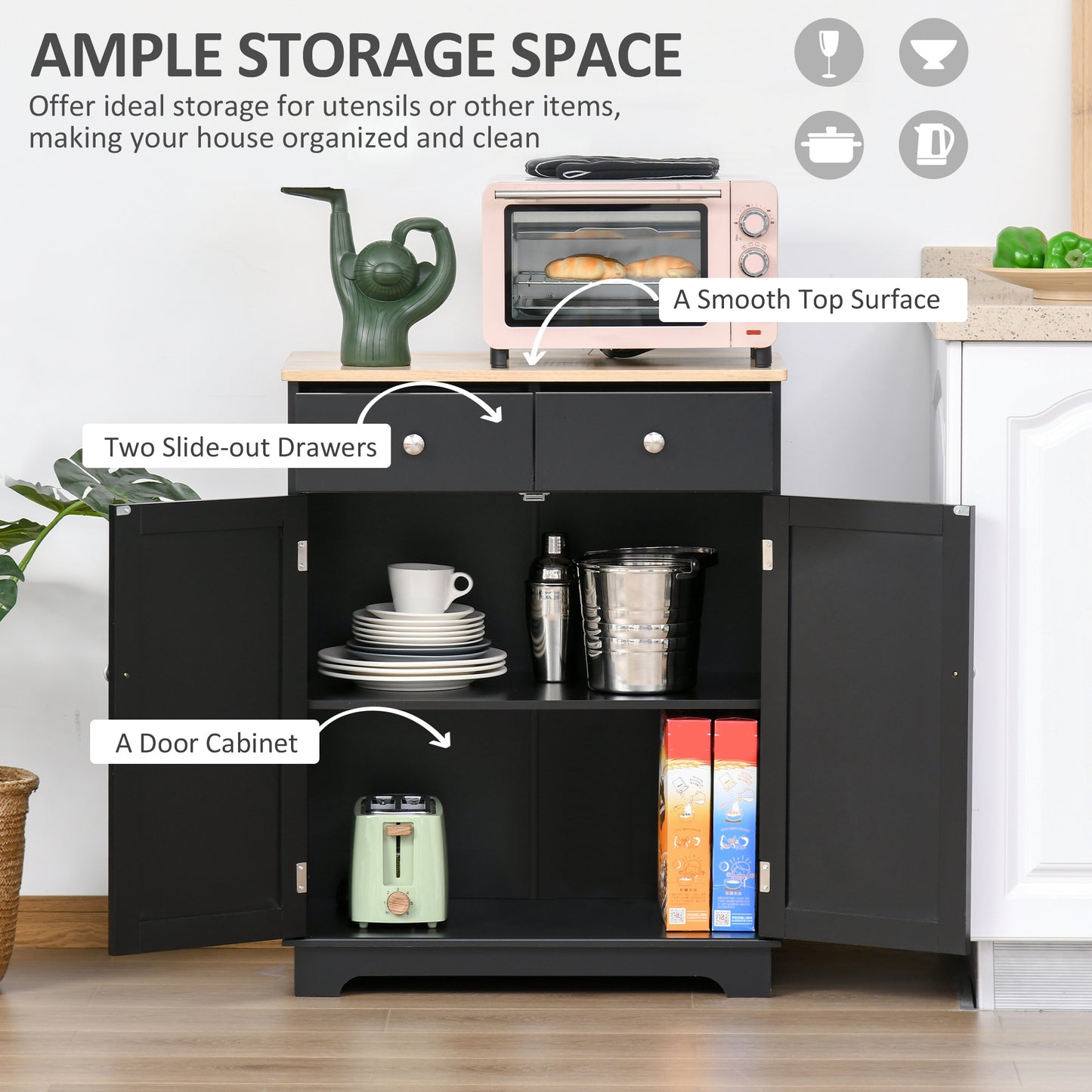 HOMCOM Sideboard Buffet Cabinet with Storage, 27" Kitchen Cabinet with Adjustable Shelf, 2 Drawers and 2 Doors, Coffee Bar Cabinet with Rubberwood Tabletop, White