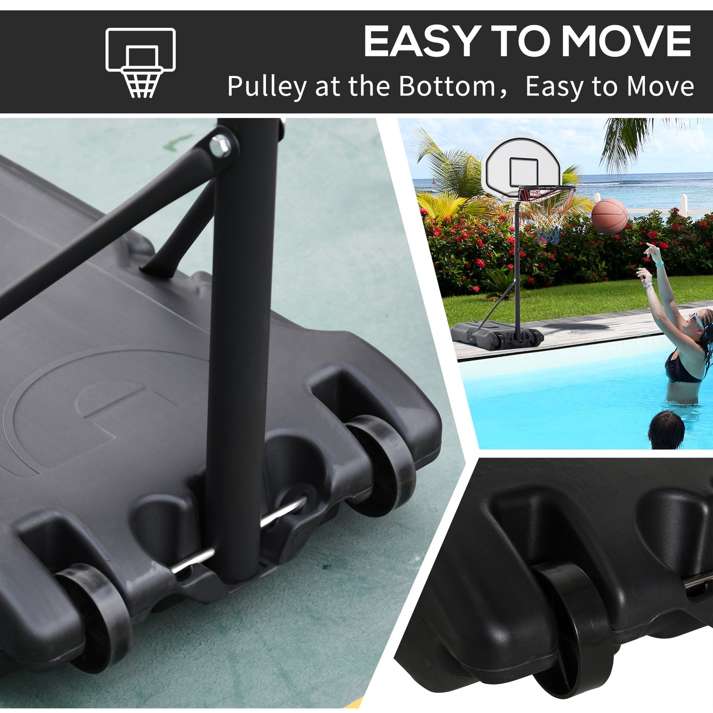 HOMCOM 51"-64" Height Adjustable Basketball System Poolside Hoop Stand Portable with Wheels