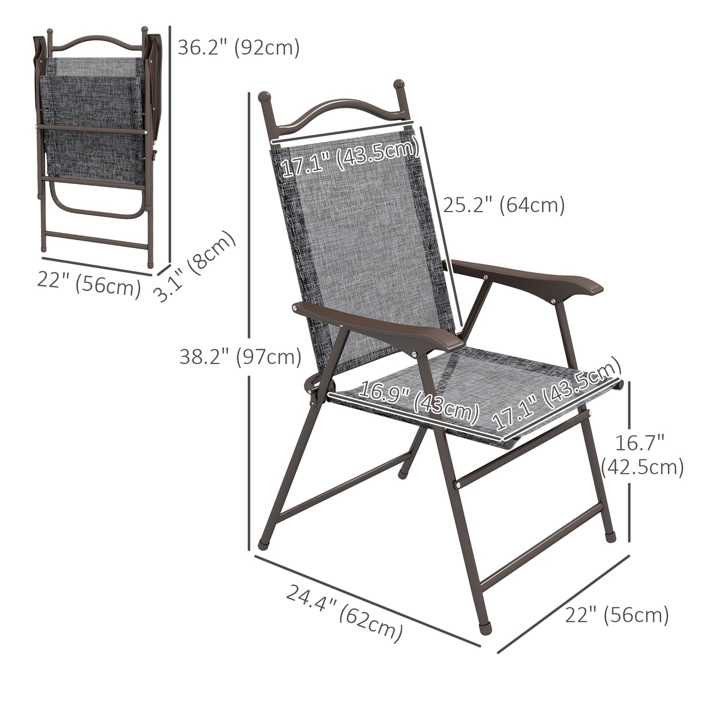 Outsunny 2 Pieces Folding Patio Camping Chairs Set, Sports Chairs for Adults with Armrest, Mesh Fabric Seat for Lawn