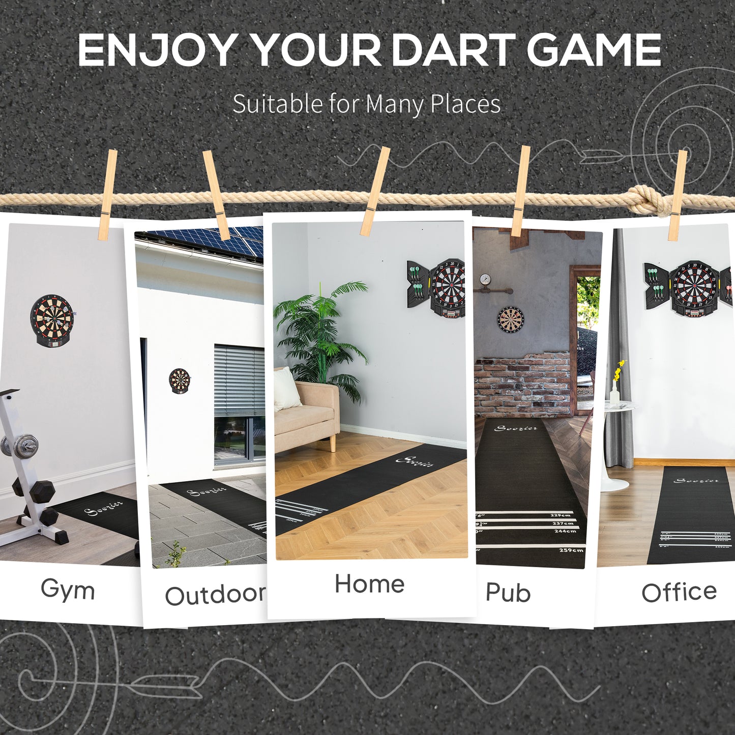 Soozier 9.8 x 2 ft Professional Rubber Dart Mat with 4 Throwing Distances for Pub Club Home, Black