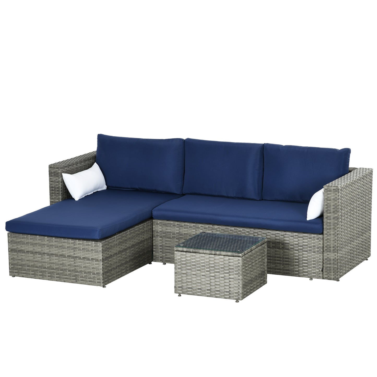 Outsunny 3-Piece Patio Furniture Set Modern Sectional Sofa Rattan Chair Wicker Conversation Set Outdoor Hand Woven Rattan Wicker Furniture Patio Coffee Table Sofa Set, Blue