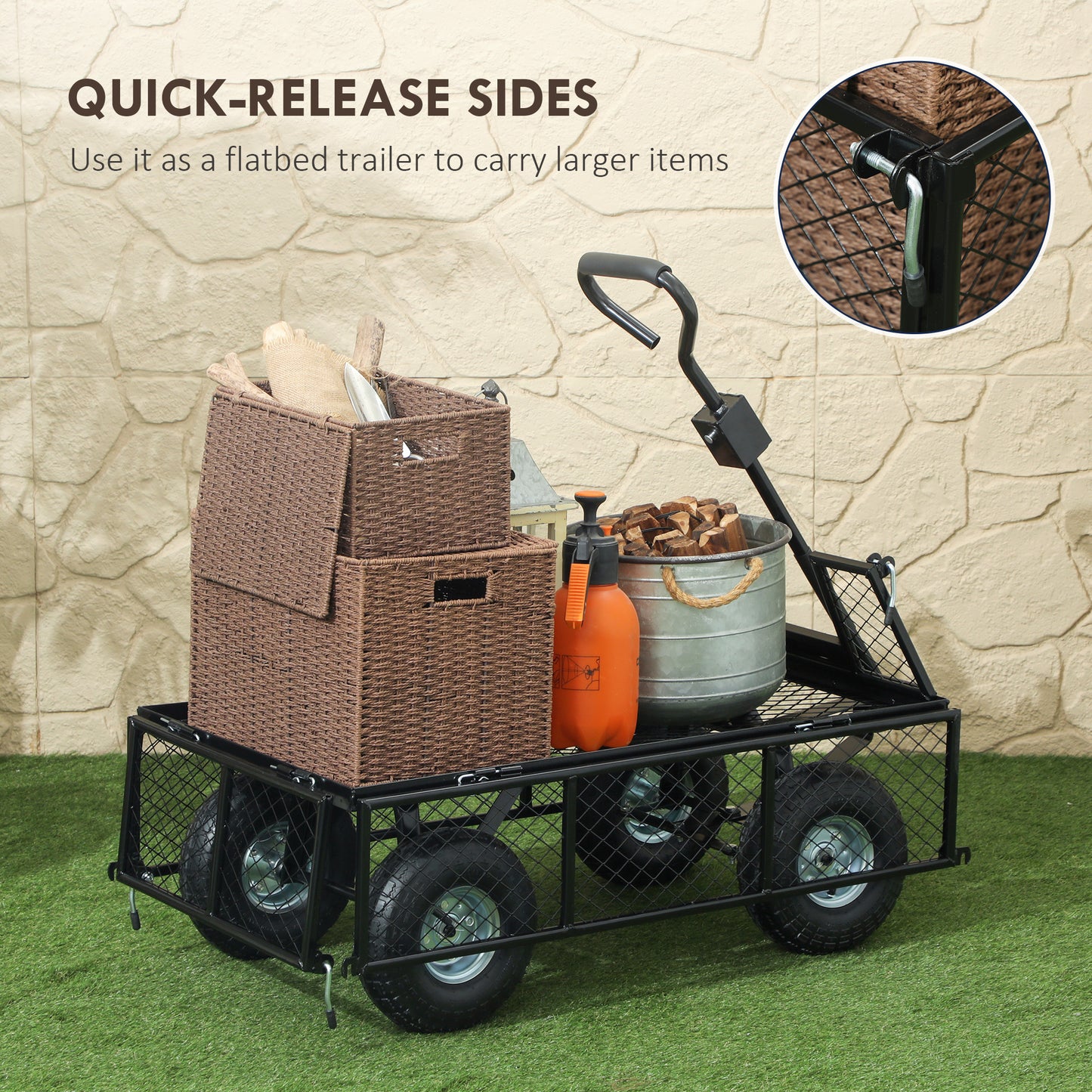 Outsunny 342L Utility Wagon Cart with Removable Mesh Sides to Convert into Flatbed for Beach Lawn Yard