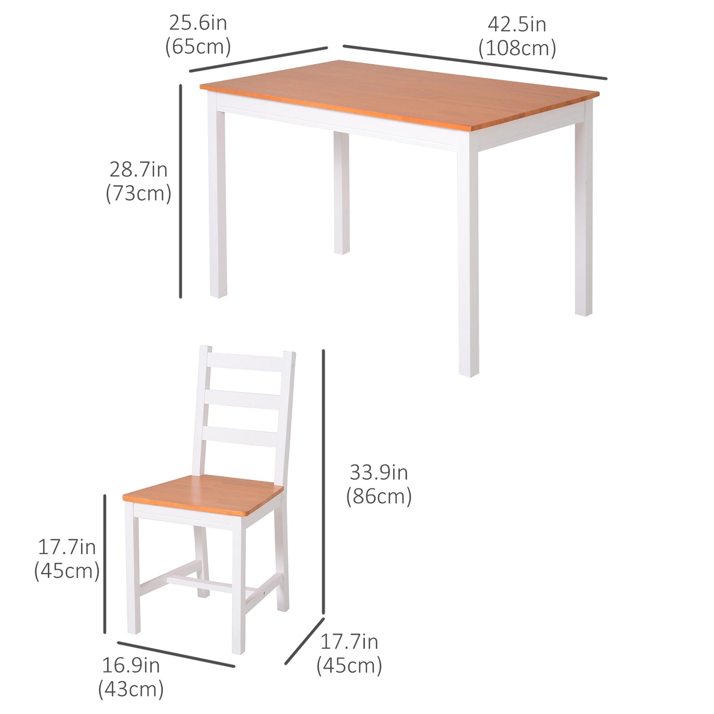HOMCOM Dining Table Set for 4, 5 Piece Pine Wood Kitchen Table with High Back Chairs, Rectangular Table and 4 Armless Chair, White and Natural Wood
