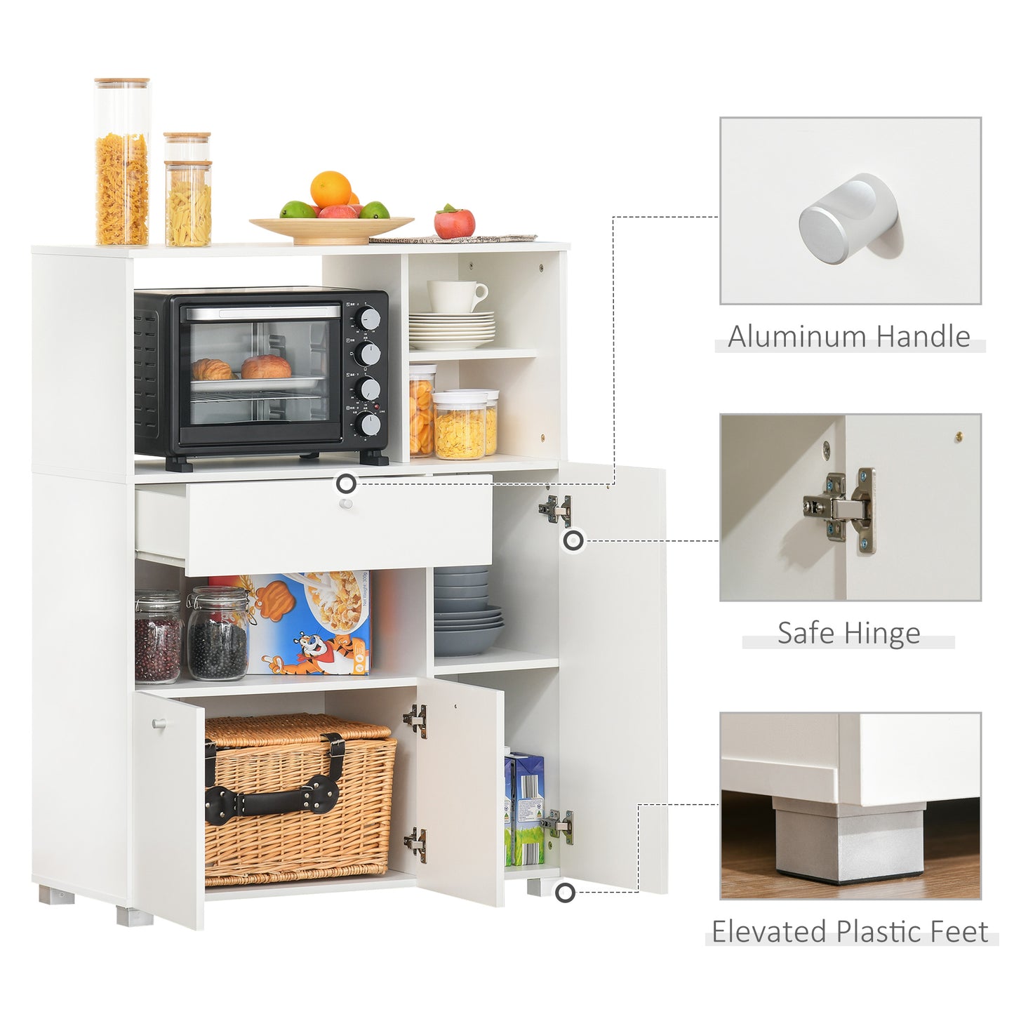 HOMCOM Compact Kitchen Pantry Cabinet Server Hutch Storage Buffet with Microwave Oven Stand Drawer and Shelves, White