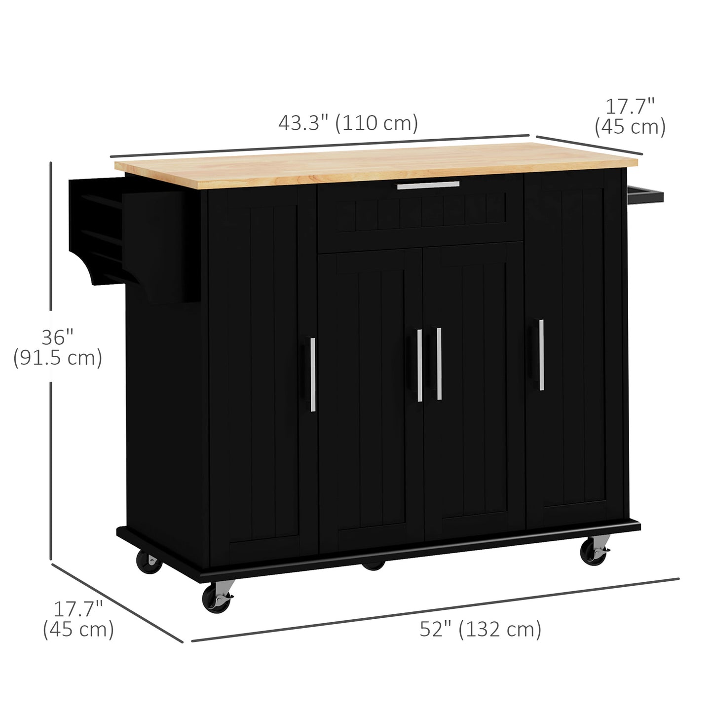 HOMCOM Modern Rolling Kitchen Island Cart with Drawers, Natural Wood Top, Towel Rack, Door Storage Cabinet, White