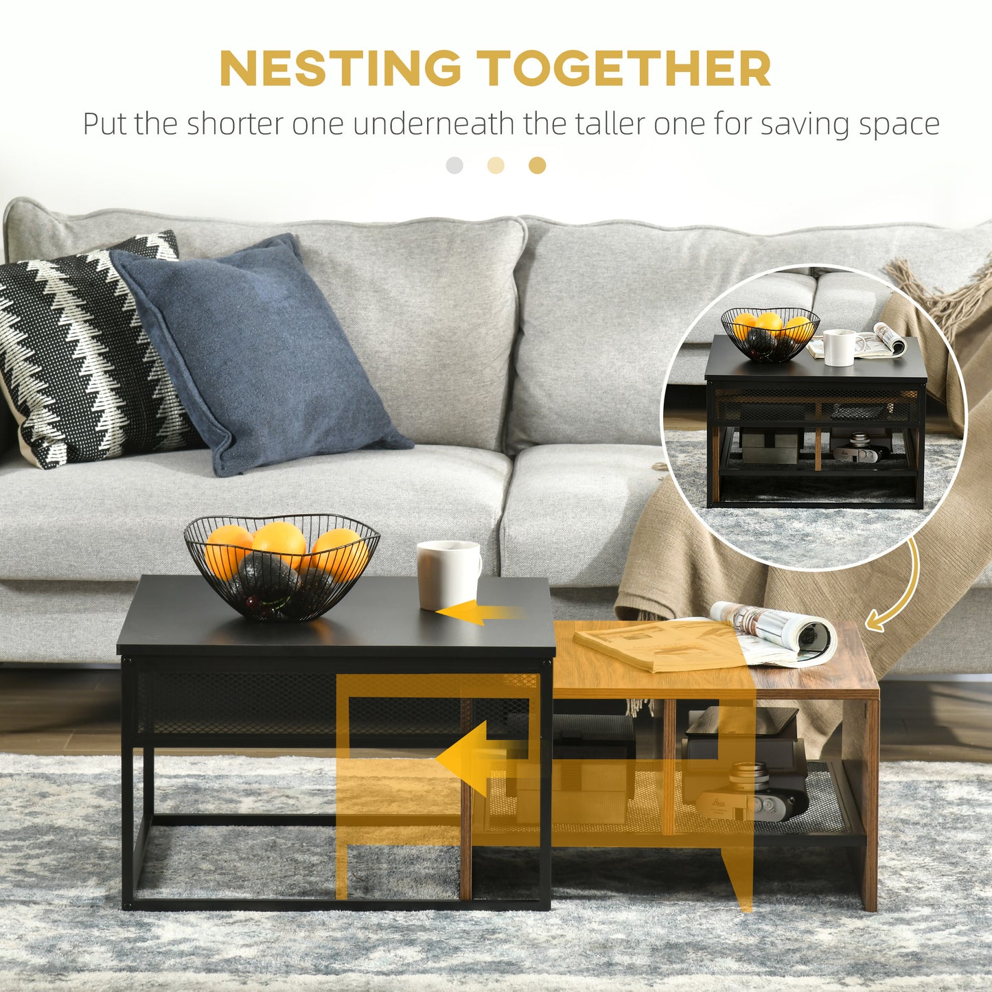 HOMCOM Coffee Table Set of 2, Industrial Nesting Tables, Square Coffee Table and Narrow Sofa Side Table for Living Room