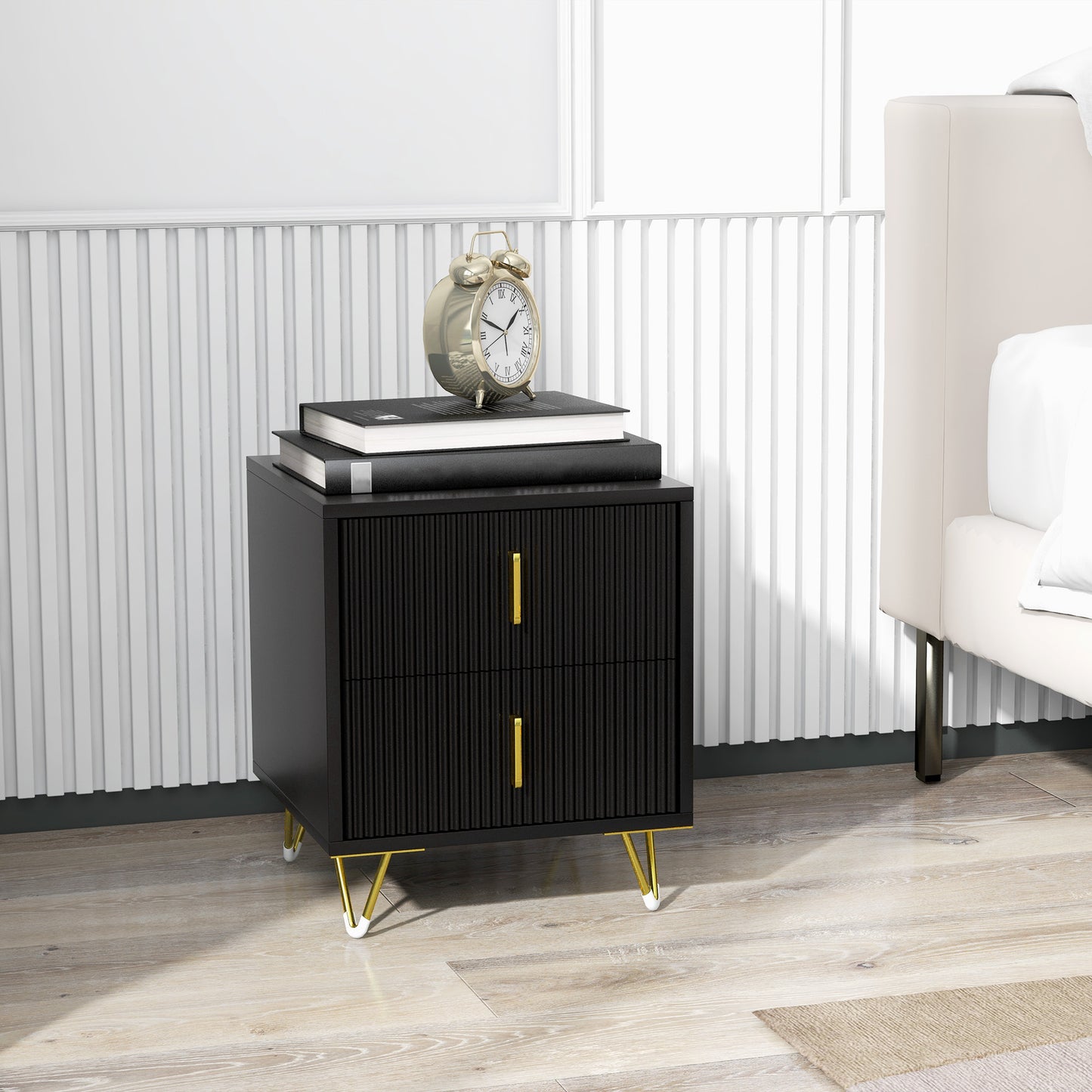 HOMCOM Bedside Table, Modern Nightstand with 2 Drawers, Side End Table with Metal Legs for Living Room, Bedroom, Black