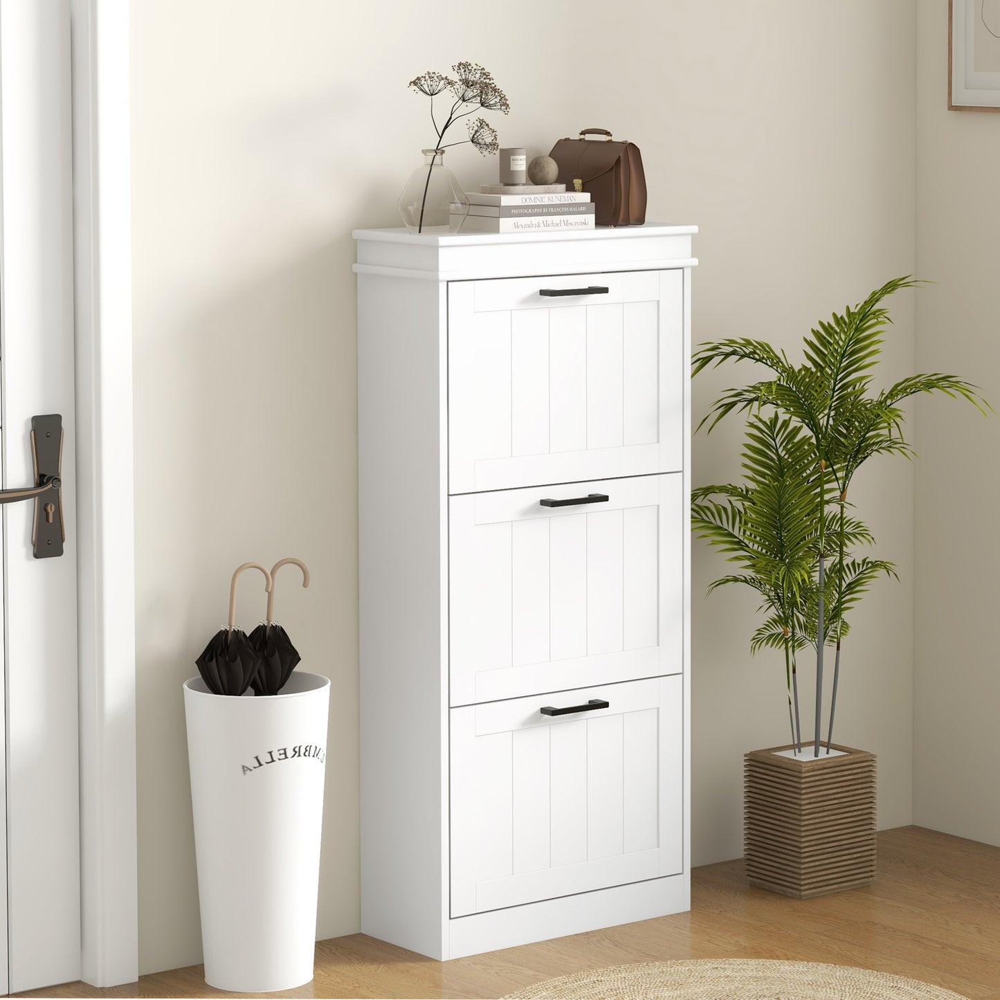HOMCOM Slim Shoe Cabinet with 3 Flip Drawers and Adjustable Shelves, Narrow Shoe Cabinet for 15 Pairs of Shoes, White