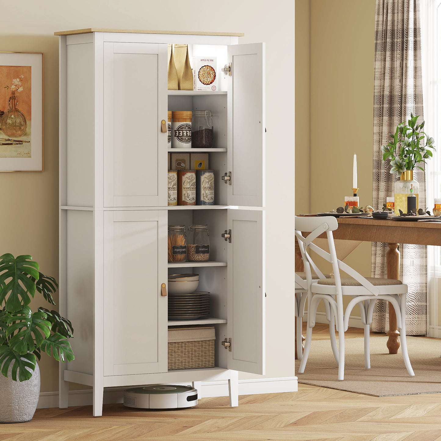 HOMCOM 69.5" Tall Kitchen Pantry Storage Cabinet with Motion Sensor LED Light, Modern Kitchen Pantry Cabinet, Green