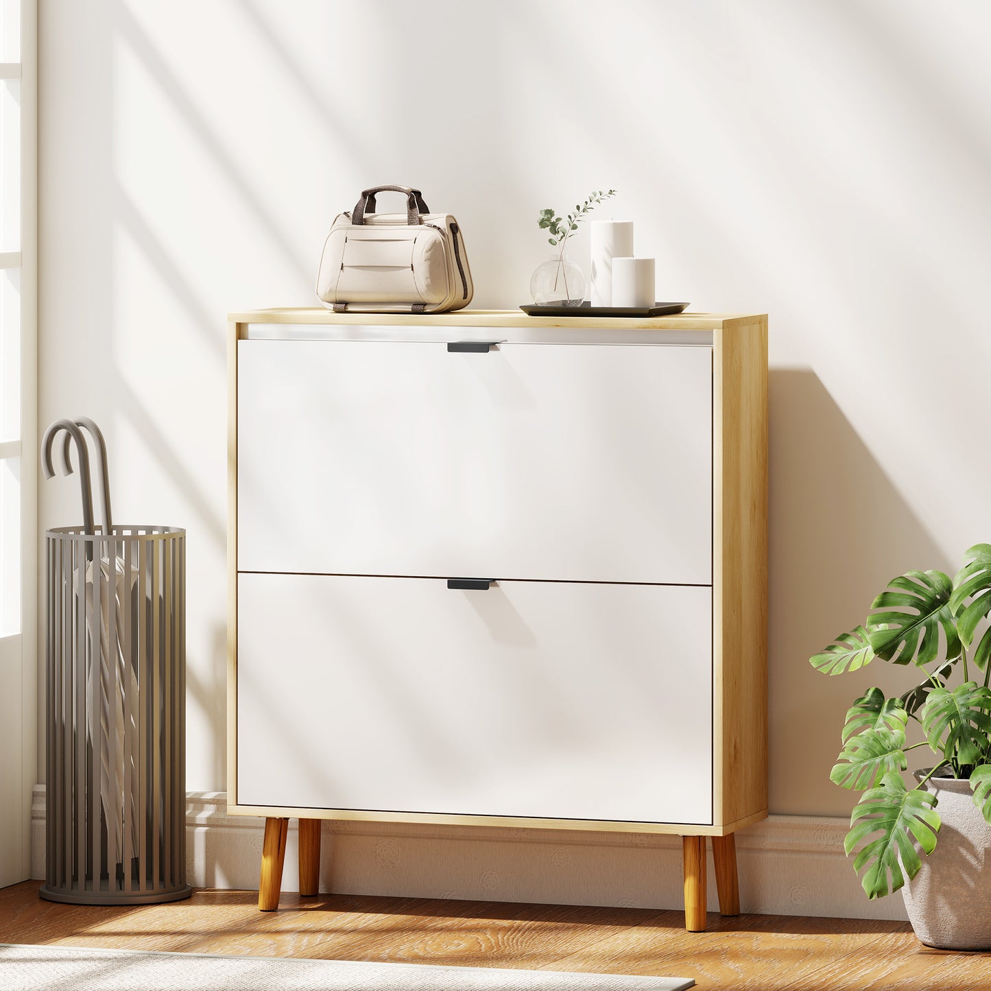 HOMCOM Narrow Shoe Cabinet, High Gloss Shoe Storage Cabinet with 4 Flip Drawers and Adjustable Shelves, Holds 20 Pairs, White