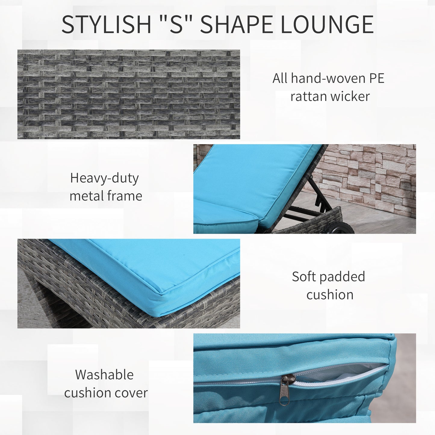Outsunny Outdoor Adjustable Wicker Chaise Lounge Chair with Cushion & Wheels for Patio, Deck, Poolside, Sky Blue