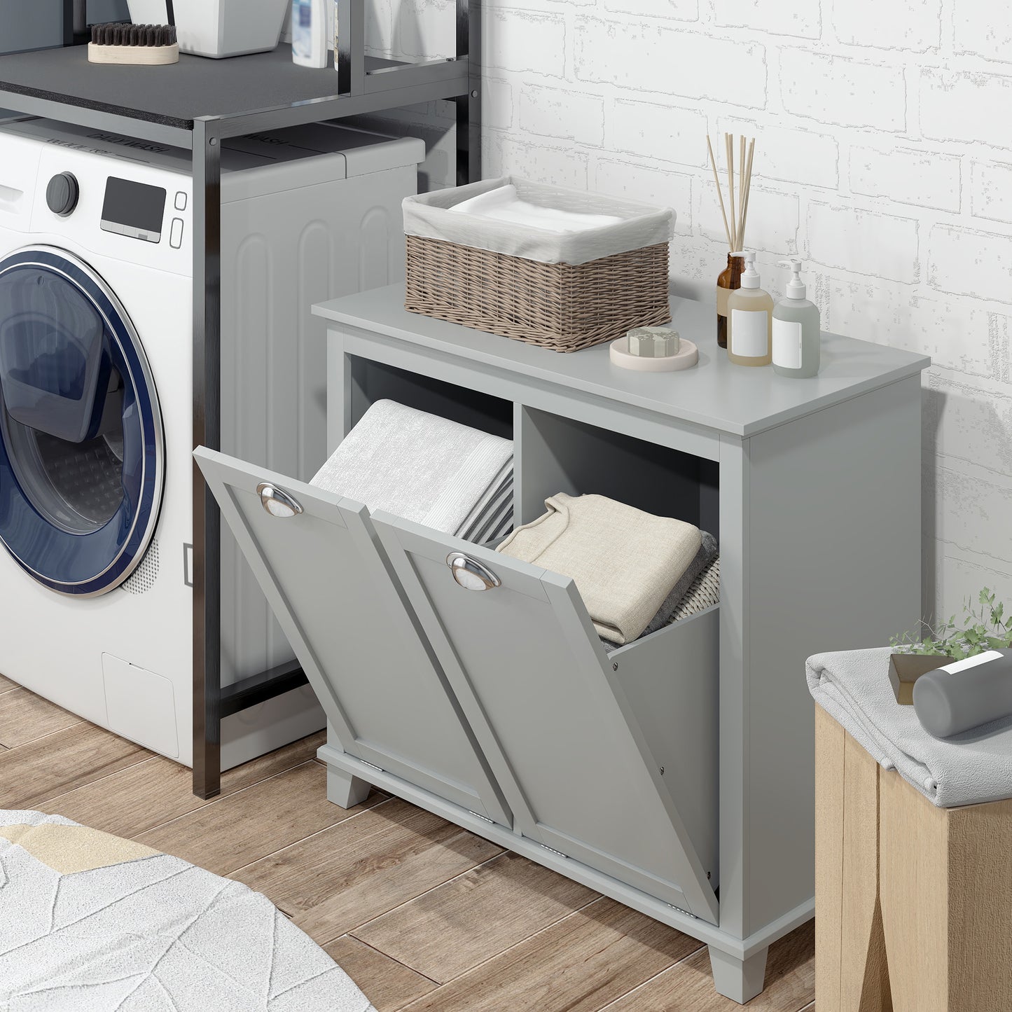 HOMCOM Tilt-Out Laundry Storage Cabinet, Bathroom Storage Organizer with Two-Compartment Tilt Out Hamper, White