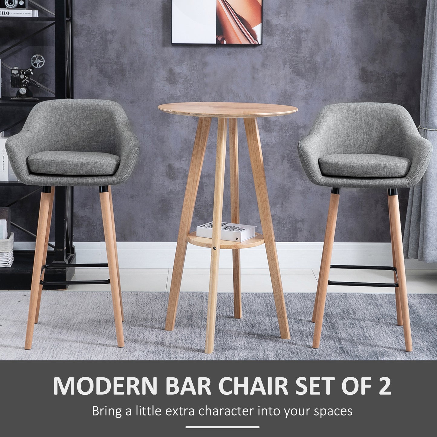 HOMCOM Modern Upholstered Fabric Seat Bar Stools Chairs Set of 2 with Metal Frame, Solid Wood Legs Living Room Dining Room Furniture Grey