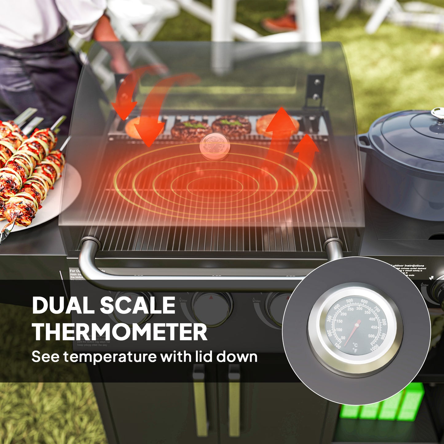 Outsunny 3 Burner Gas Grill with Side Burner, 9.5 KW Propane BBQ Grill, Cabinet Style with Shelves, Wheels, Instant Ignition
