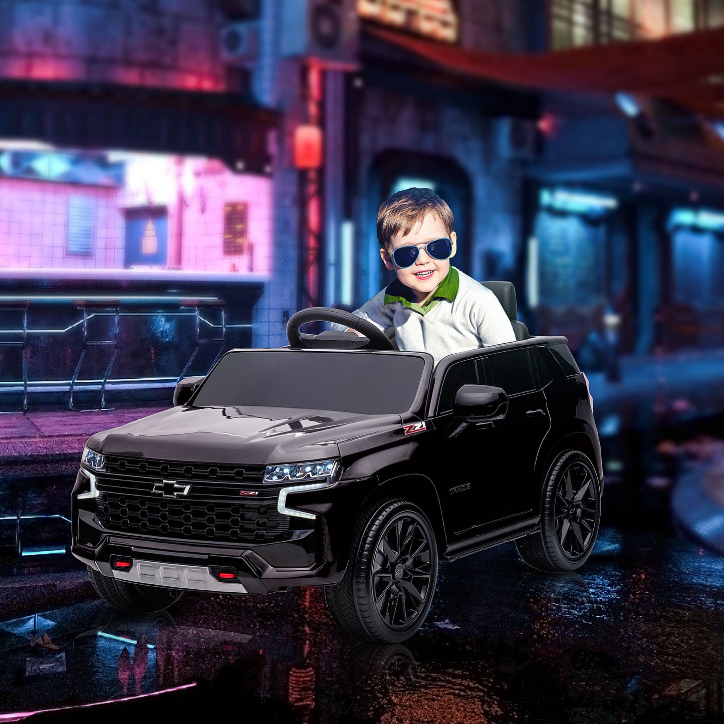Aosom Licensed Chevrolet Tahoe Kids Ride on Car, 12V 7AH Toddler Electric Car with Parent Remote Control, 3 Speeds, Spring Suspension, LED Light, Horn, Music, Black