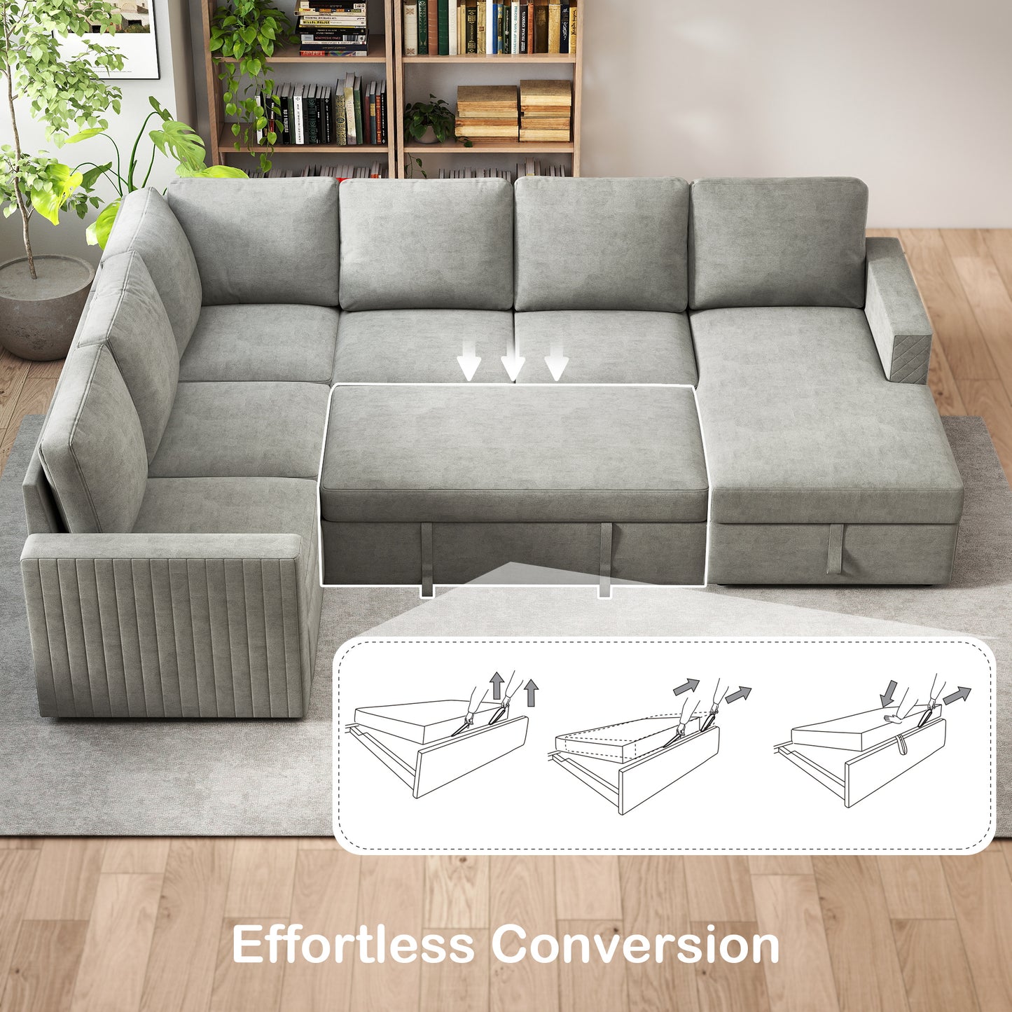 HOMCOM Pull Out Sofa Bed, Sleeper Sofa Couch with Hidden Storage, Chaise Lounge, Velvet Upholstery, U-Shaped Futon Couch