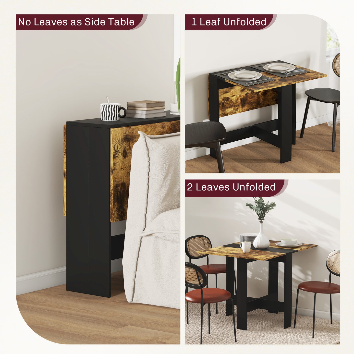 HOMCOM Drop Leaf Dining Table Wood Folding Table Multi-Use Side Table Dining Desk Space Saving Table, Rustic Brown and Black