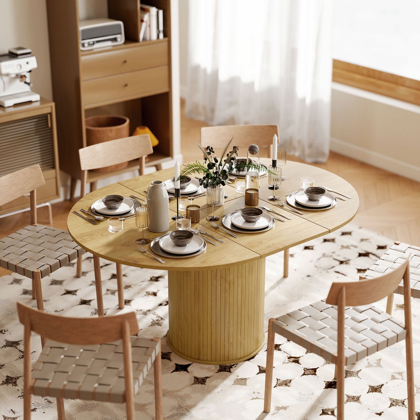 HOMCOM Extendable Kitchen Table for 6-8, 43.5"-59" Farmhouse Dining Table with Pedestal Base Natural Wood Finish