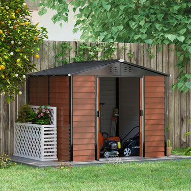 Outsunny 8' x 7' Outdoor Storage Shed, Galvanized Steel Metal Garden Shed with Lockable Doors, Floor Frame, Vents, Lock and Gloves for Backyard, Lawn, Patio, Teak