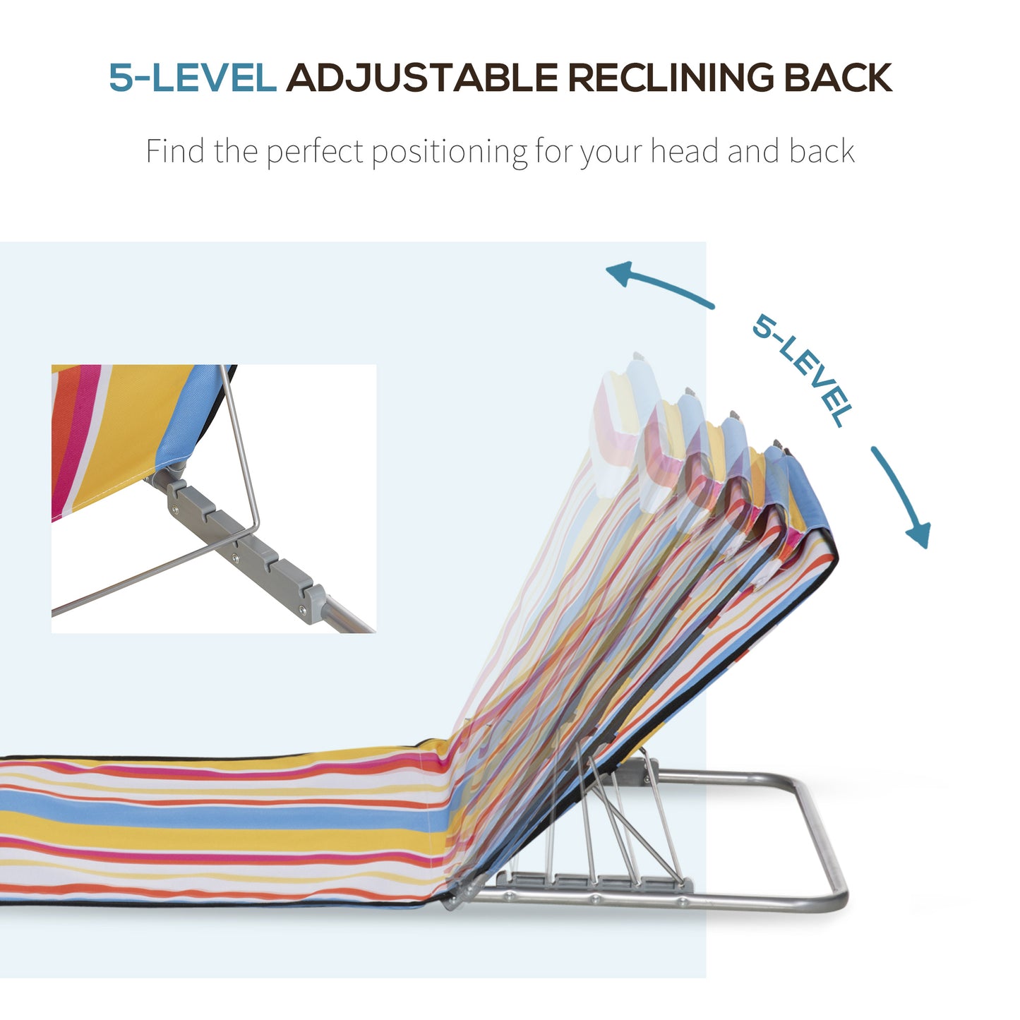 Outsunny Set of 2 Beach Lounge Chair Sun Lounger Beach Mat, Padded Folding Ground Mat Lounge Chair w/Adjustable Back, Steel Frame, Head Pillow and Carry Bag for Backyard Lakeside, Colorful Stripes