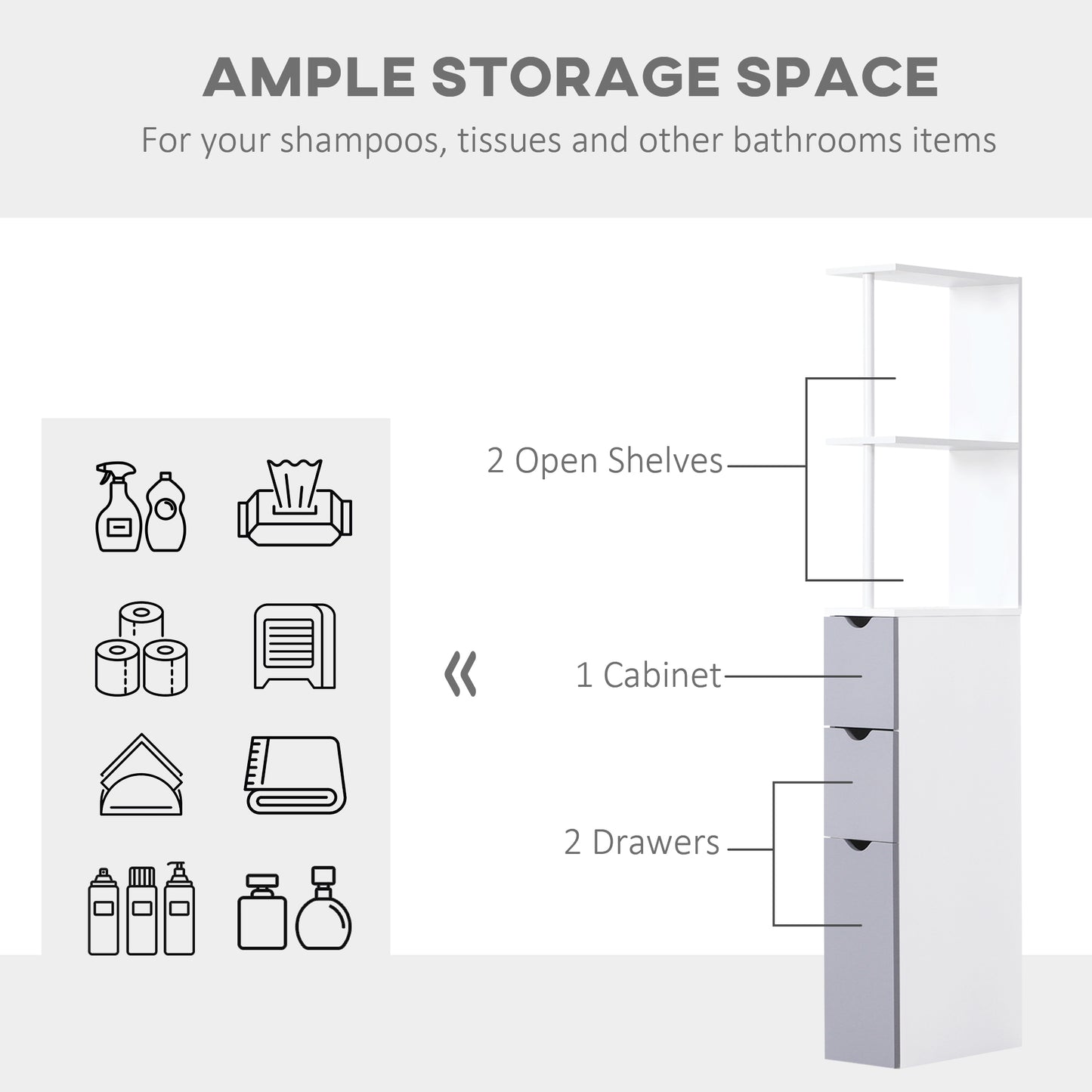 HOMCOM Tall Bathroom Storage Cabinet, Narrow Bathroom Cabinet with Drawers and Open Shelves for Small Spaces, White and Grey