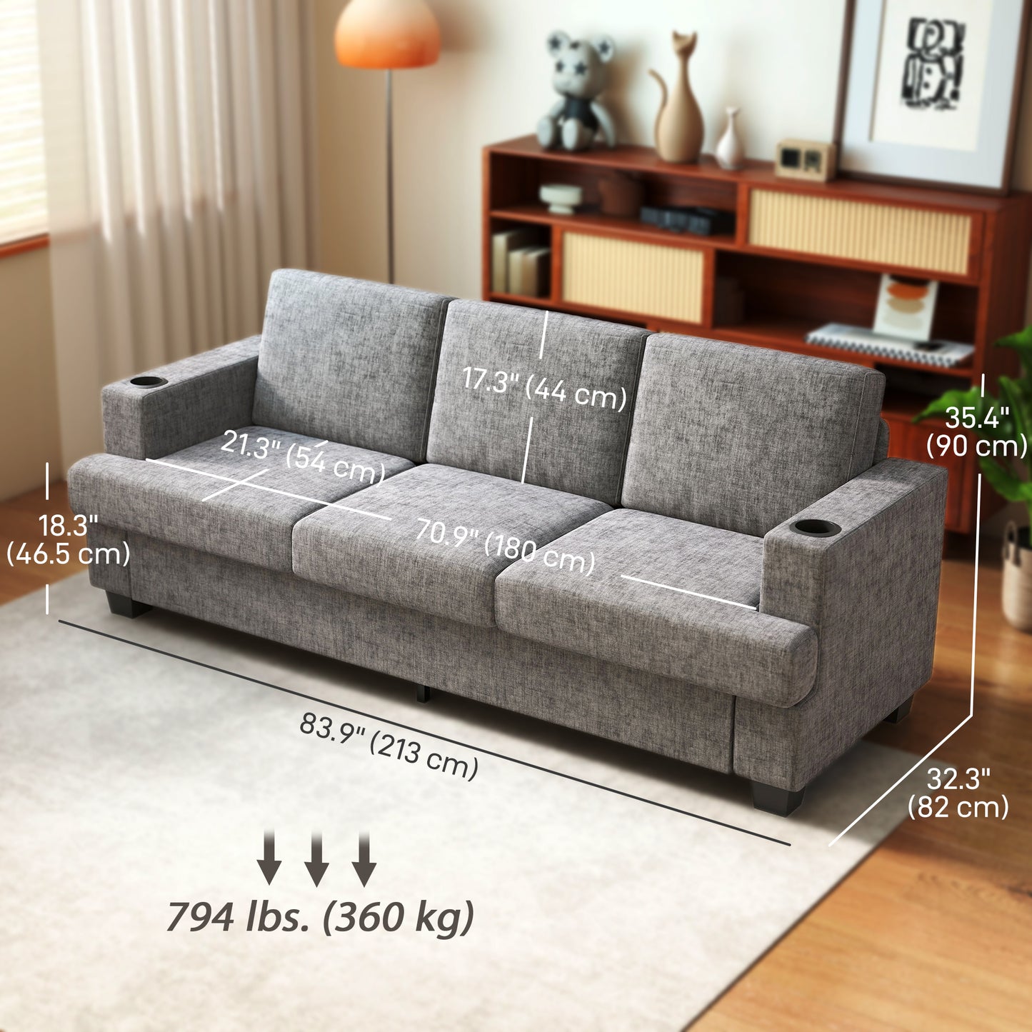 HOMCOM 3 Seater Sofa with USB Ports & Cup Holders, Chenille-Feel Upholstered Couch for Living Room, Light Brown