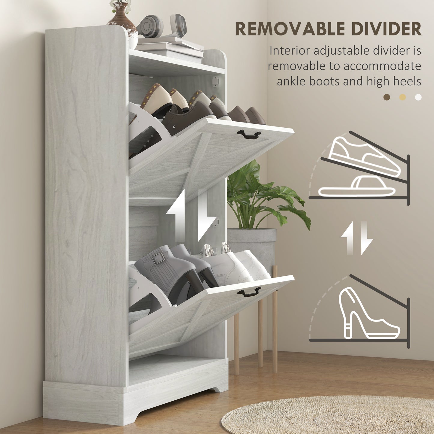 HOMCOM Slim Shoe Storage Cabinet, Farmhouse Shoe Cabinet with 2 Flip Drawers, Adjustable Shelves for 8 Pairs, Distressed White