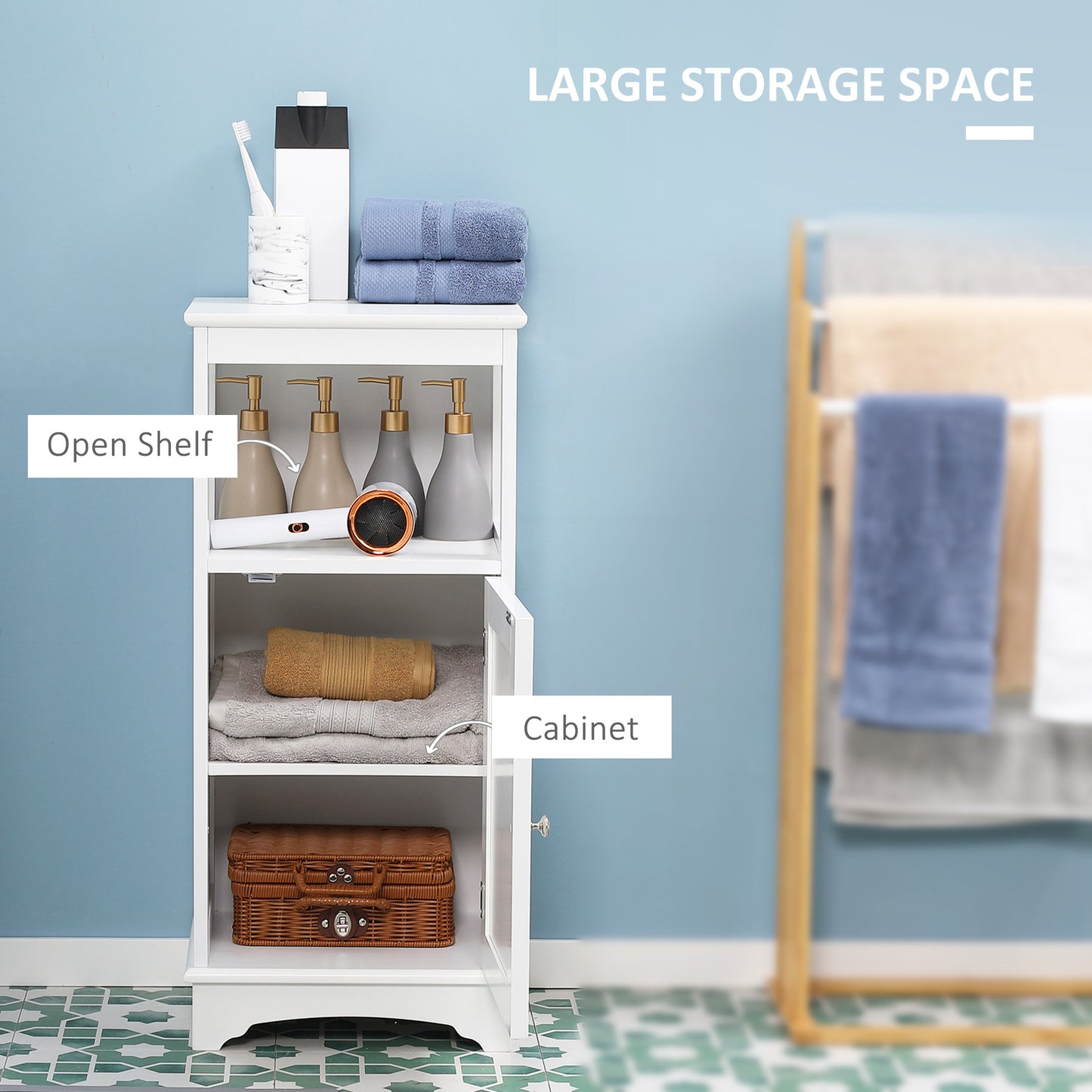 kleankin Modern Bathroom Floor Cabinet with Open Shelf, Freestanding Storage Organizer Unit with Single Door for Home Office, Living Room, White