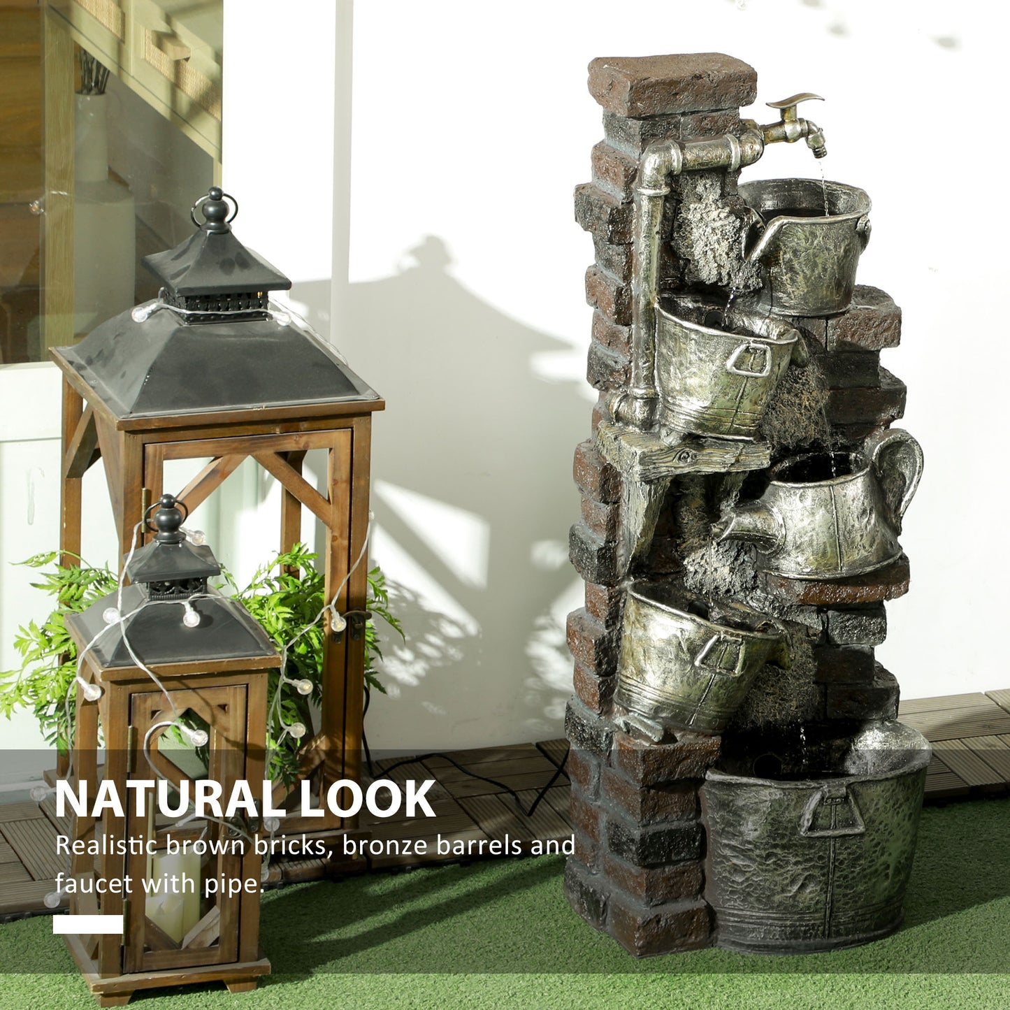 Outsunny 4-Tiered Outdoor Jar and Bowls Water Fountain with LED Lights, Adjustable Flow, 26.4-inch Resin Waterfall Fountain