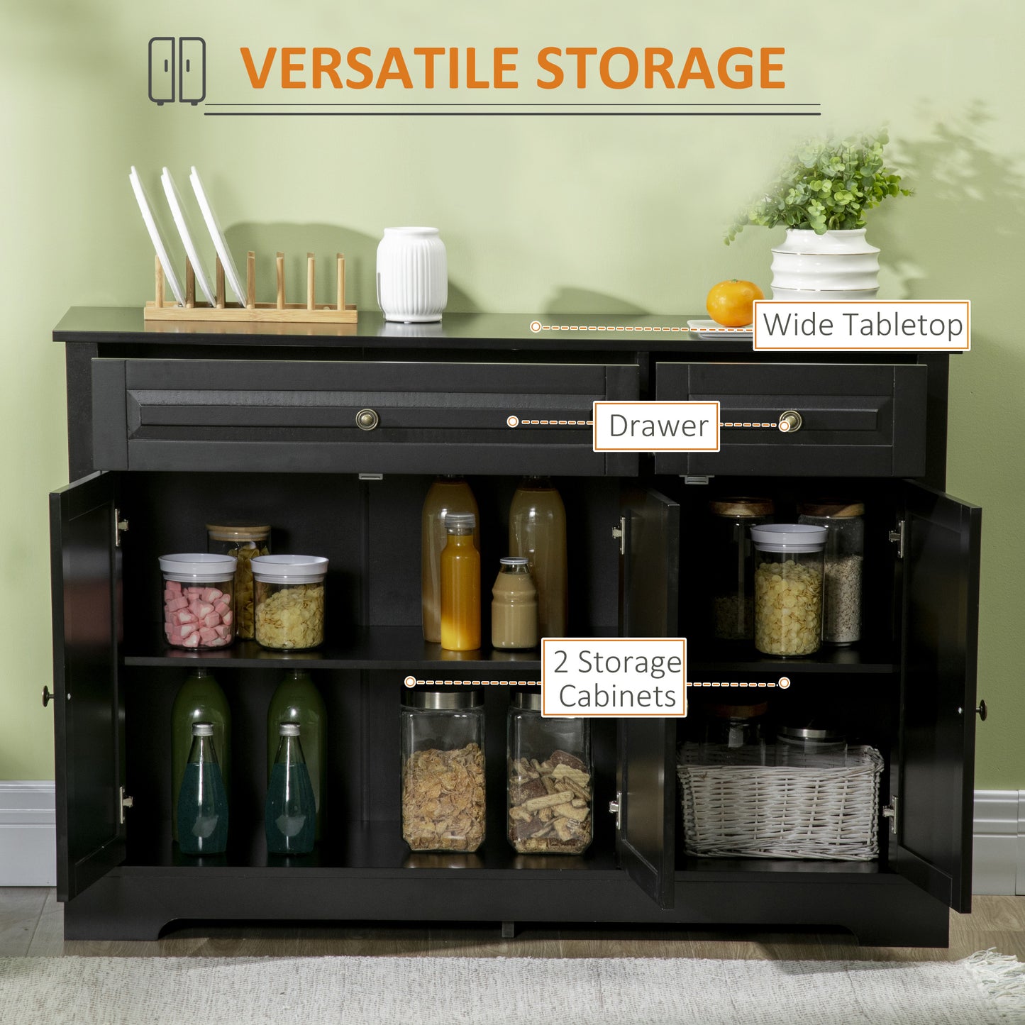 HOMCOM Modern Sideboard Cabinet, Buffet Cabinet with 2 Drawers and Adjustable Shelves, Buffets Tables for Dining Room, Black