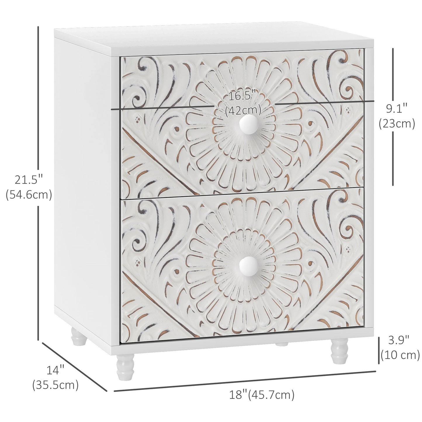 HOMCOM Mid-Century Bedside Table, Nightstand with 2 Drawers, Side End Table for Bedroom, White