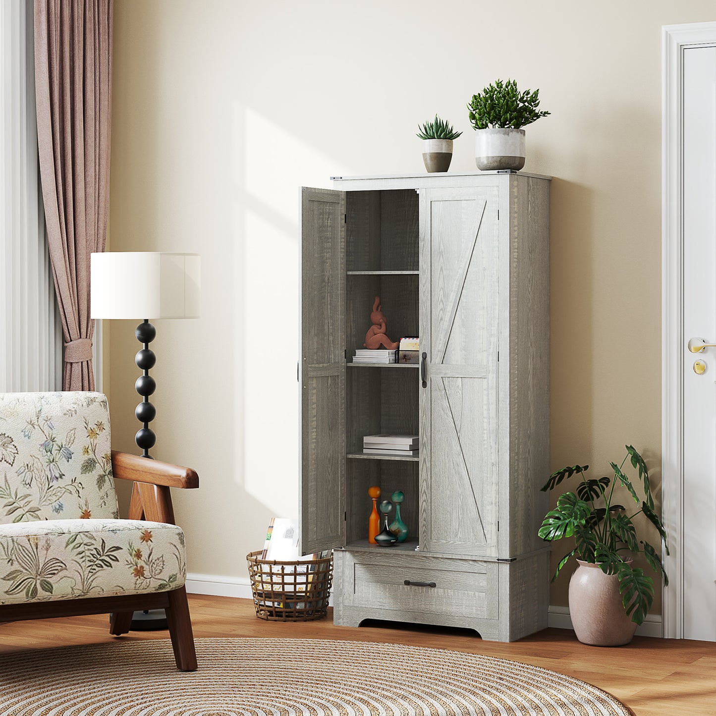 HOMCOM 72" Farmhouse Pantry Cabinet with Adjustable Shelves, Kitchen Pantry Cabinet with 2 Doors, Distressed Light Grey