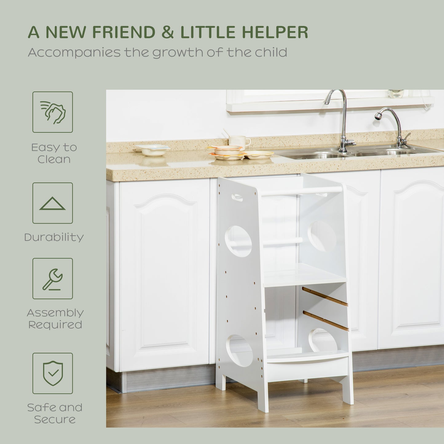 HOMCOM Toddler Tower Kitchen Helper with 3-Level Adjustable Height, Heavy-Duty Kids Step Stool with Safety Rail, White
