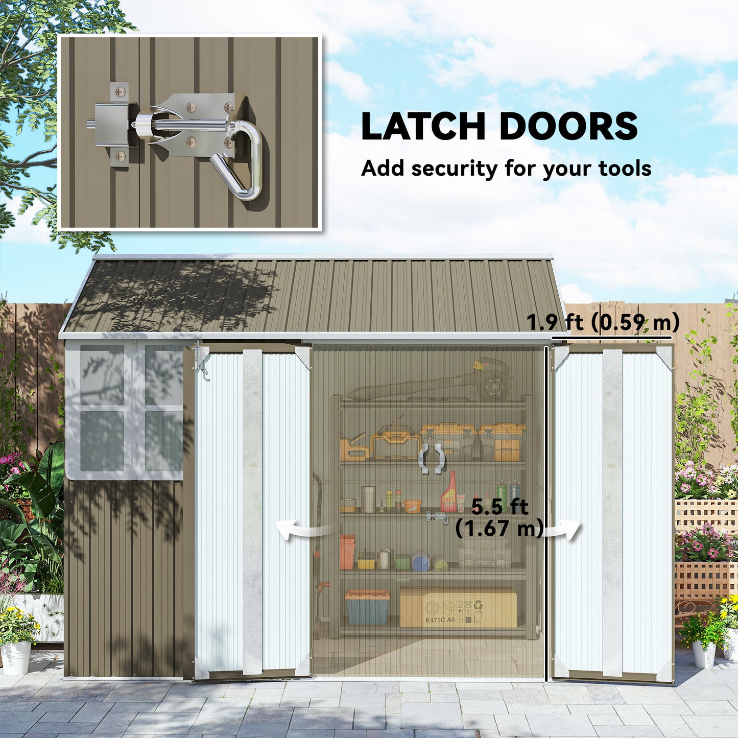 Outsunny 8.5' x 5.5' Metal Garden Storage Shed, Outdoor Tool Storage House with Lockable Door, Vents, Sloped Roof, Light Grey