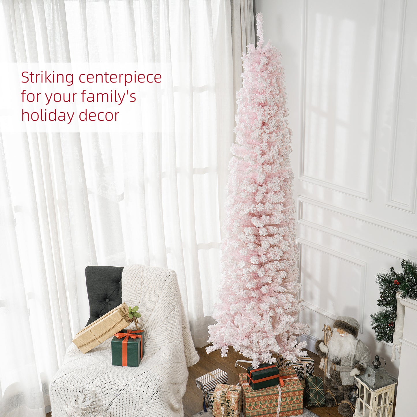 HOMCOM 7.5ft Flocked Christmas Tree, Pencil Christmas Tree with Realistic Branch Tips, Folding Metal Stand, Green