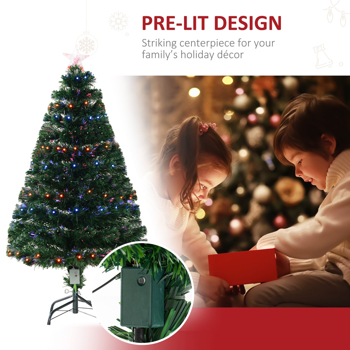 HOMCOM 4ft Prelit Artificial Optical Xmas Tree Spruce Hinged Full Tree